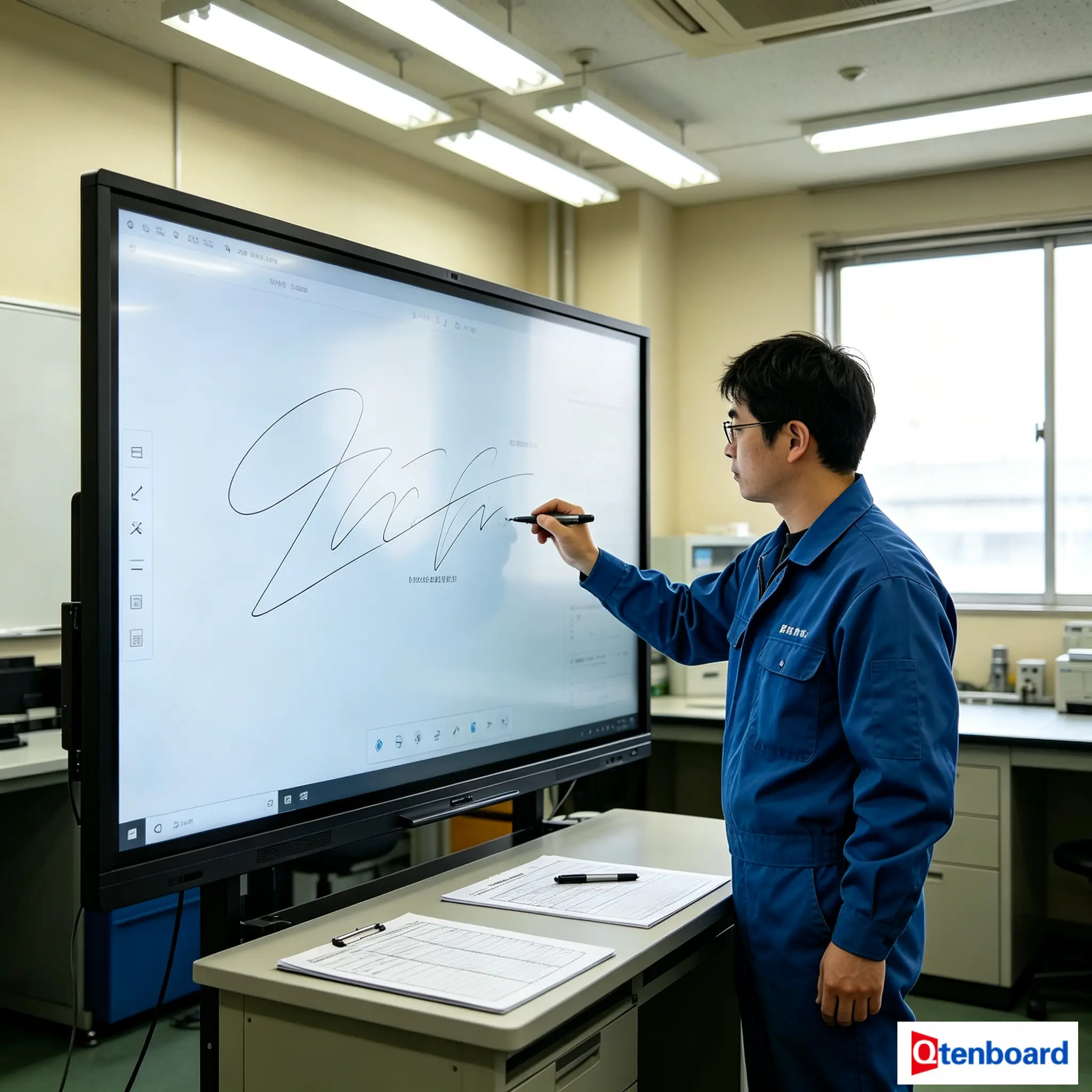 Interactive whiteboard tested under classroom lighting conditions for anti-glare and touch performance